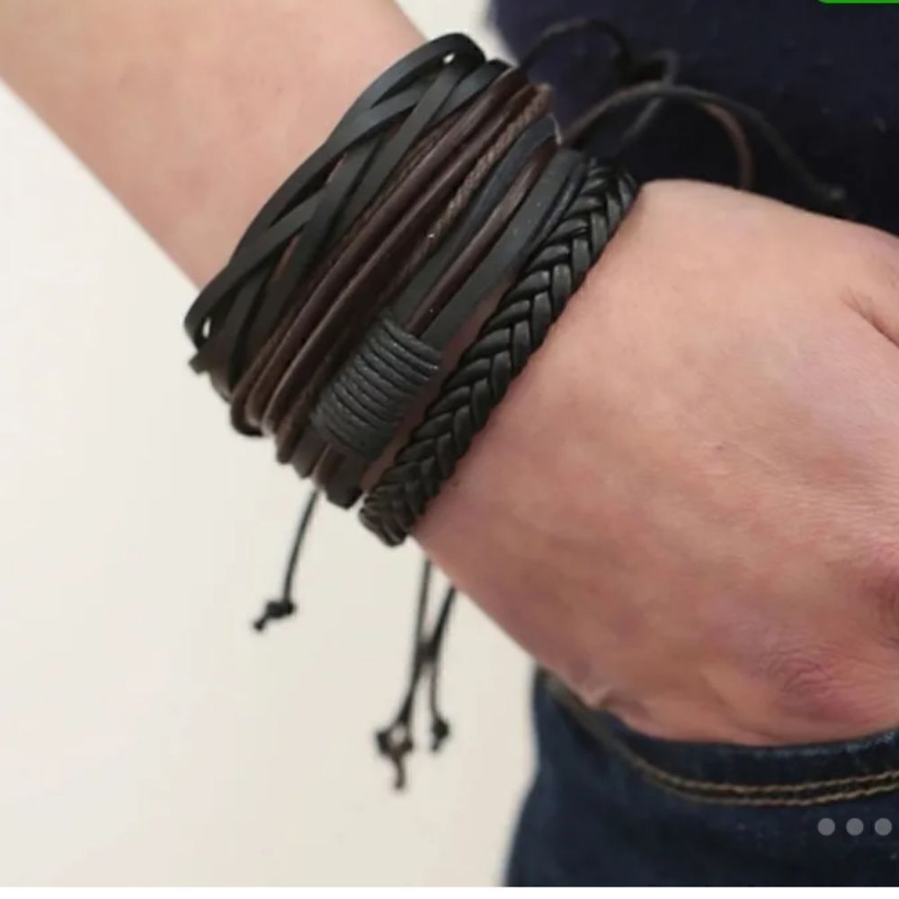 4 men's bracelets leather layered braided‎ brown new d94